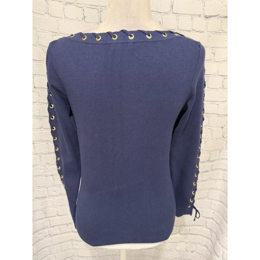 Venus Lace up neck and sleeve Navy blue Knit Sweater Size Large - Picture 3 of 7